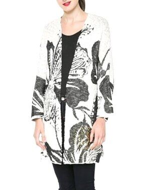 Desigual Womens Sz M Floral Open Front Mykonos Cardigan With Gold Sequin Accents